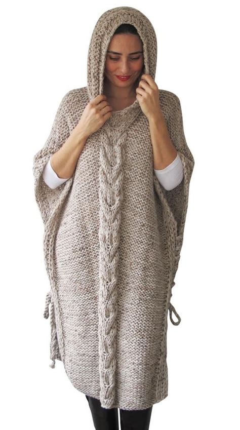 Plus Size Maxi Knitting Poncho With Hoodie Over Size Tweed Beige Cable Knit By Afra Etsy