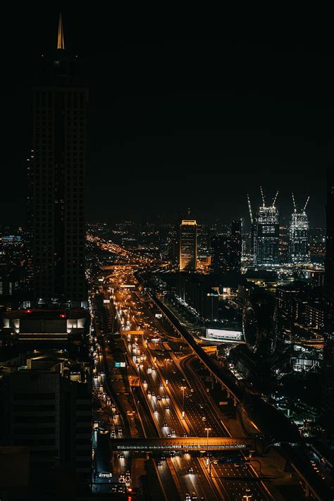 Ciudad De Noche Camino Rascacielos Edificios Luces Puente Ciudad