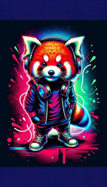 Premium Photo Vibrant Beats Neon Red Panda With Headphones