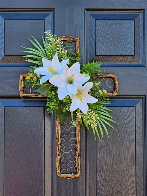 Easter Lily Cross Wreath Easter Cross Door Hanger Christian Wall And