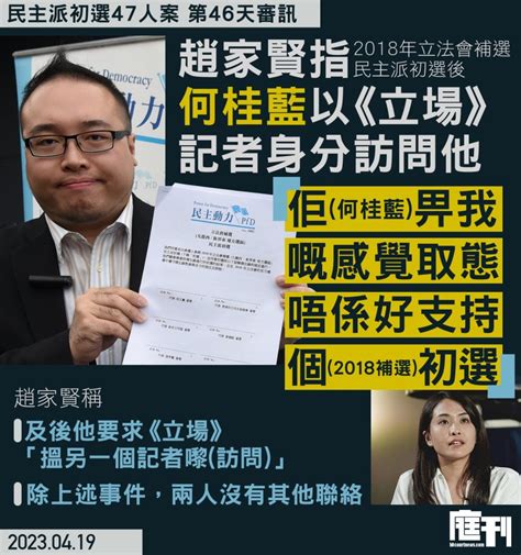 民主派初選47人案 第46天審訊｜趙家賢指何桂藍2018年曾以《立場》記者身分訪問他 當年感覺何不太支持民主派新東補選的初選 庭刊