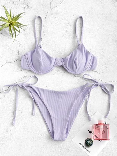 48 OFF 2020 ZAFUL Ribbed Underwire Bikini Set In LAVENDER BLUE ZAFUL