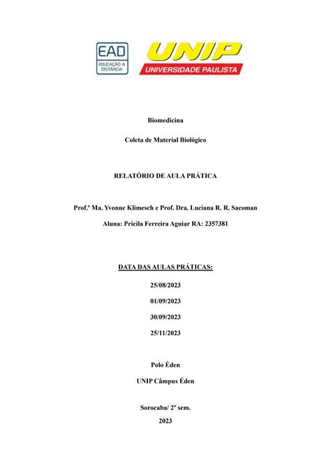 SOLUTION Unip Coleta De Material Biol Gico Relat Rio Completo De Aula