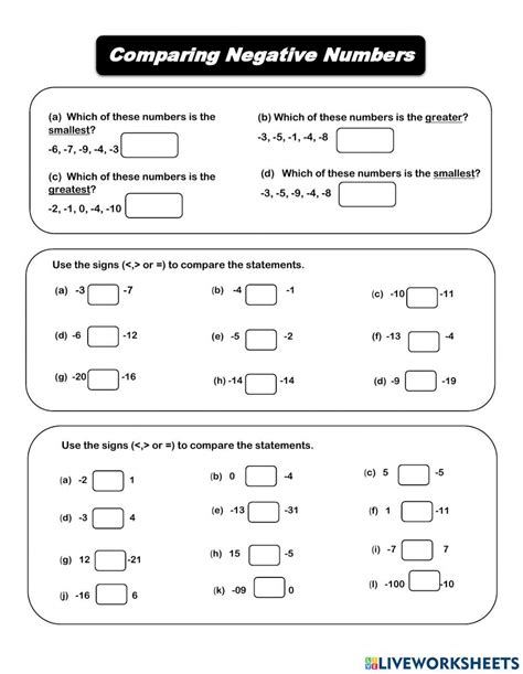 Comparing Negative And Positive Numbers Worksheet Live Worksheets