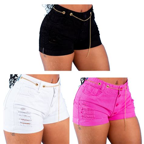 Kit 3 Shorts Jeans Feminino Cintura Alta Modelo Detonado 100 algodão