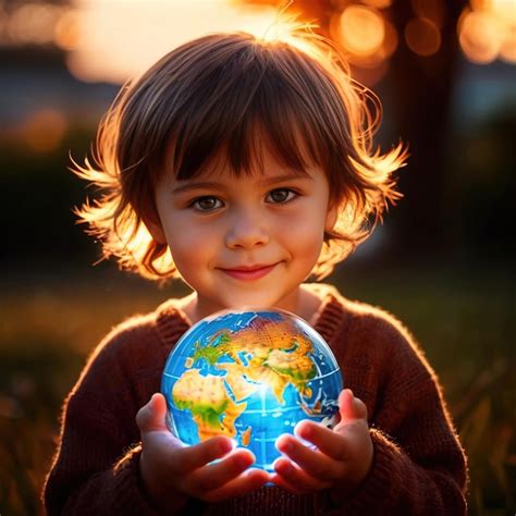 Niño Sosteniendo Un Globo Del Mundo En Las Manos El Futuro Está Con Los Niños Foto Premium