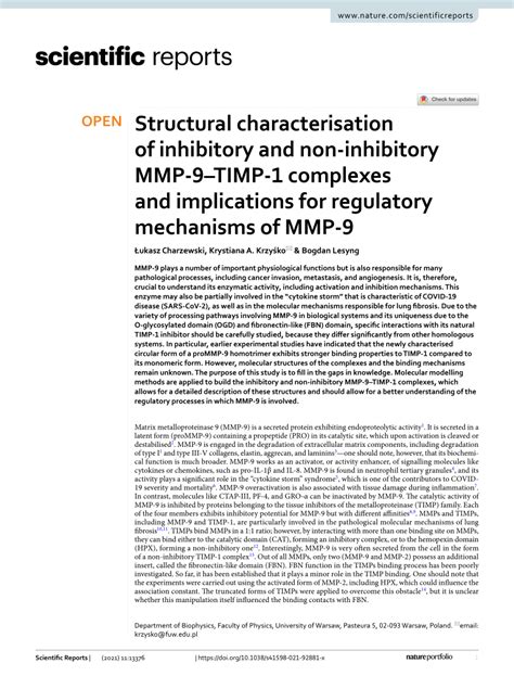 Pdf Structural Characterisation Of Inhibitory And Non Inhibitory Mmp