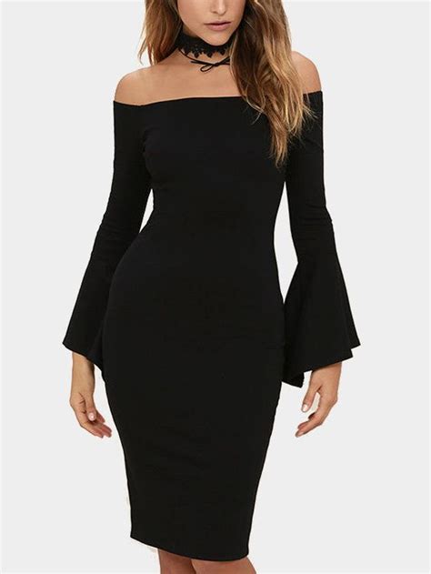 Black Off The Shoulder Long Bell Sleeve Bodycon Midi Dress Midi Dress