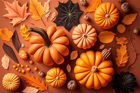 Premium Photo | Pumpkins and fall leaves on table generative ai