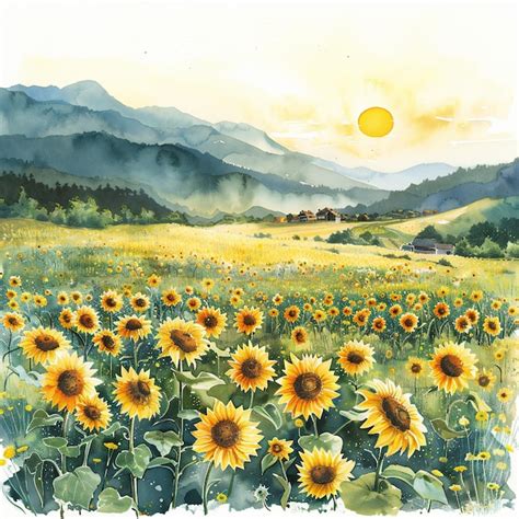 A Painting Of A Sunflower Field With Mountains In The Background