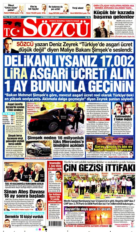 Sözcü Gazetesi 2 Temmuz 2024 Salı Günü Manşeti