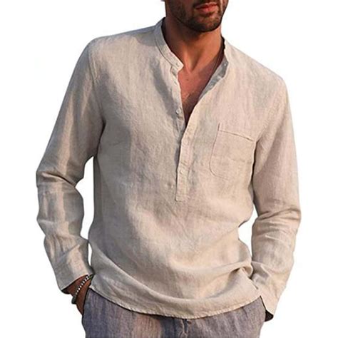 Men Henley T Shirts Casual Long Sleeve Button Linen V Neck Winter Loose