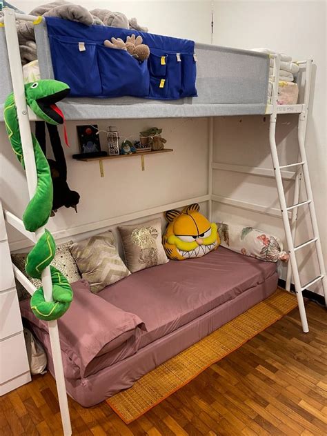 IKEA VITVAL Loft Bed Frame With Spring Mattress White Light Grey