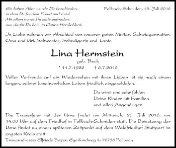 Traueranzeigen Von Lina Hermstein Stuttgart Gedenkt De