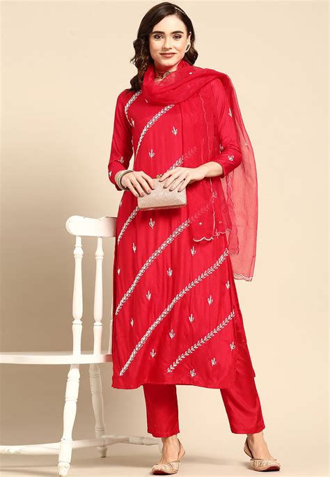 Red Muslin Readymade Pant Style Suit