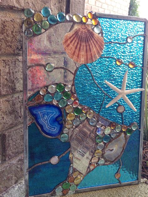 Stained Glass Sea Shell Nuggets Suncatcher Nautical Panel Etsy Stained Glass Mosaic Window