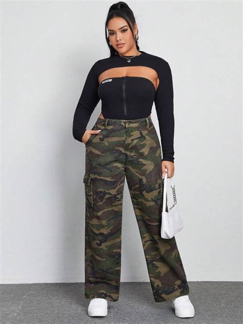 Shein Ezwear Plus Camo Print Flap Pocket Side Cargo Jeans Shein Usa