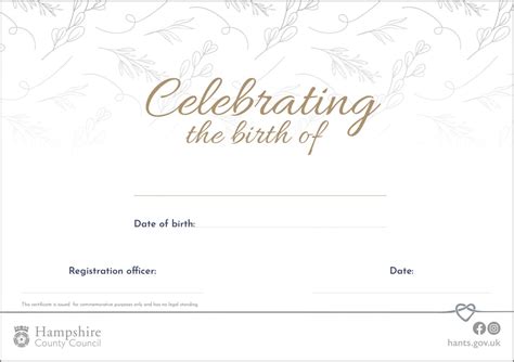 Commemorative Birth Certificate Style 1 Hampshire County Council Shop