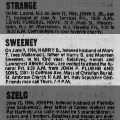 Obituary For HARRY B SWEENEY Aged 43 Newspapers