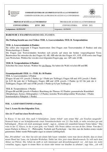 Examen de Alemán de la Comunidad Valenciana PAU de 2021 Descargar