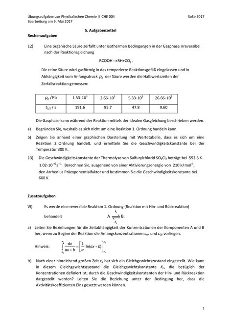 Pc Ubung Bung Physikalische Chemie Bungsaufgaben Zur