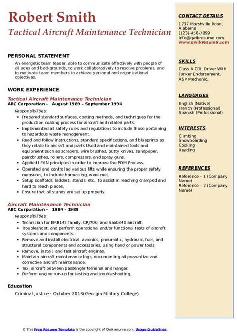 Aircraft Maintenance Technician Resume Samples | QwikResume