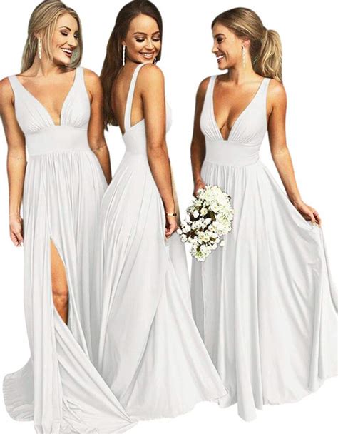 V Neck Bridesmaid Dresses Long A Line Slit Sleeveless Maxi Formal Dress For Women Prom Evening