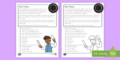 Second Grade Solar Eclipse Reading Passage Comprehension Activity