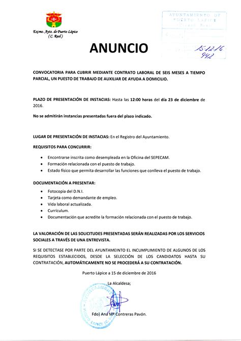 Anuncio Convocatoria Cubrir Puesto De Trabajo De Ayuda A Domicilio