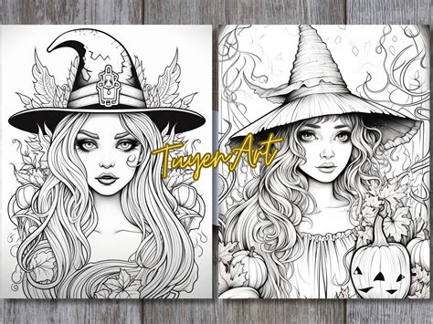 Halloween Witch Coloring Book Gothic Pumpkin Witch Coloring Etsy