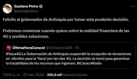 La vaca está firme gobernador de Antioquia al presidente Petro