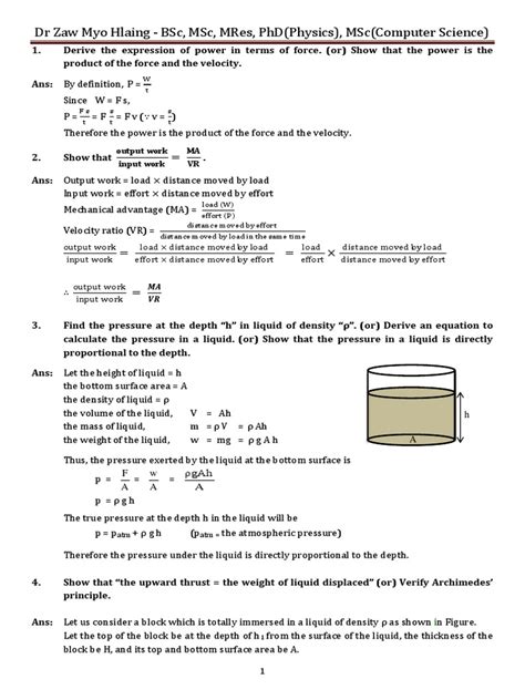 Derivation Of Key Physics Formulas Related To Pressure Force Power