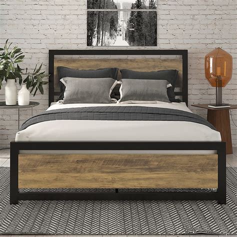 Buy SHA CERLIN Full Size Metal Platform Bed Frame With Wooden Headboard