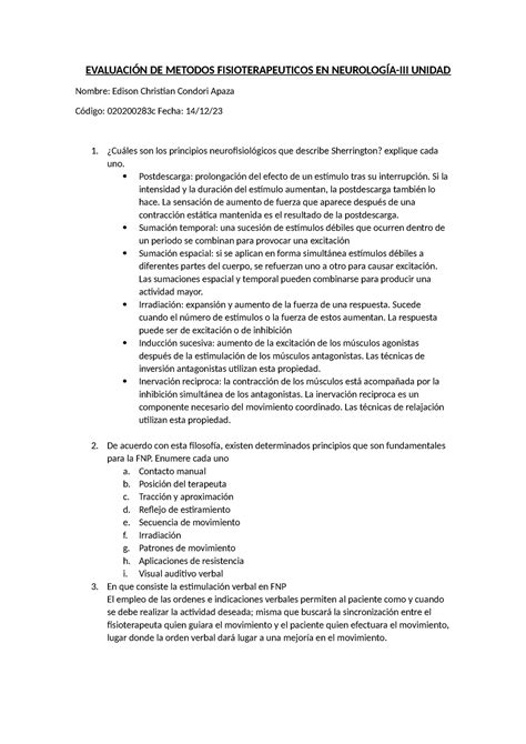 Evaluación DE Metodos Fisioterapeuticos EN Neurología III Unidad