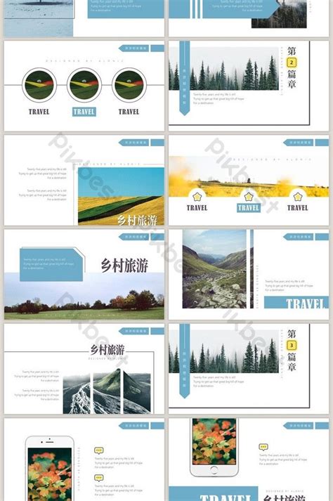 Small Fresh Blue Magazine Style Rural Tourism Photo Ppt Template