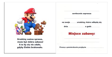 Zaproszenie Na Urodziny SUPER MARIO Koperty