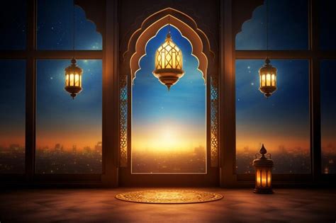 Premium Photo Islamic Mosque Lantern Crescent Window Ramadan Kareem