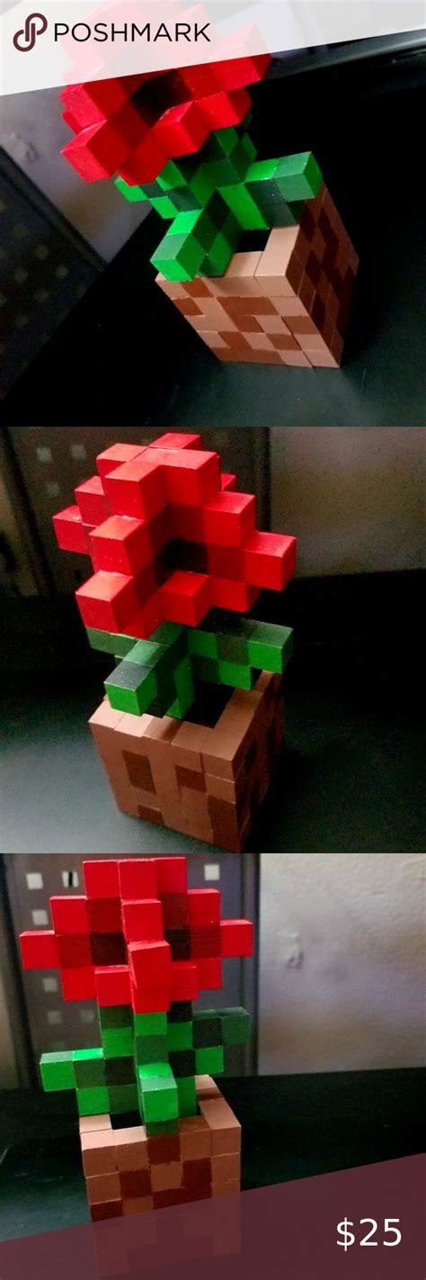 Red Inspired Minecraft Wood Blocks Flower Paper Weight Decor Hand