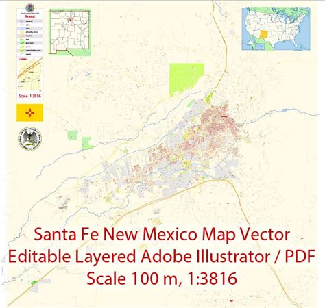 Santa Fe New Mexico Us Map Vector Exact City Plan Detailed Street Map