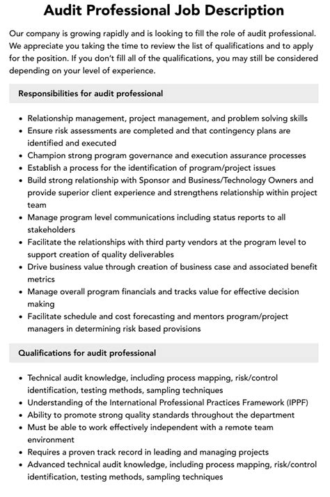 Audit Professional Job Description Velvet Jobs