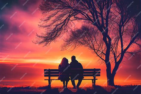 Premium Photo Couple Hugging On A Park Bench While Enjoying A Beautiful Sunset