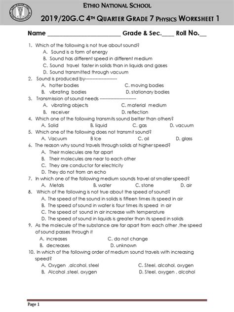 Grade 7 Physics Worksheet 1 4th Quarter Pdf Sound Liquids