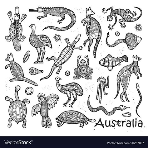 Animals Of Australia Sketches In The Style Of Australian Aborigines