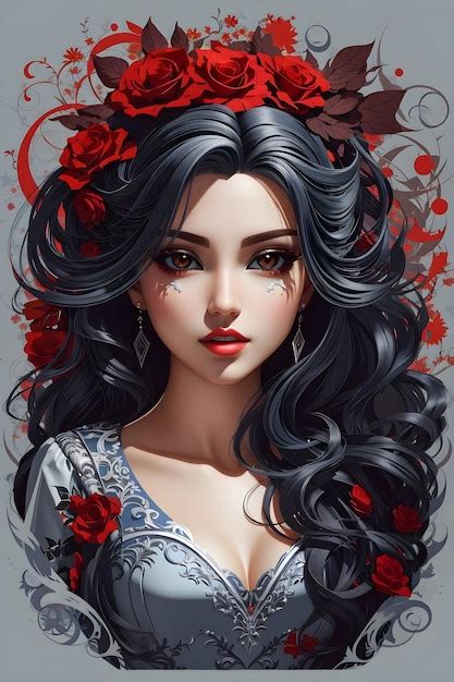 Premium Ai Image A Woman With Long Black Hair And Red Roses Beautiful Vampire Queen Detailed