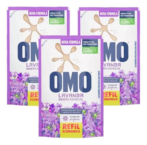 Kit 3 Lava Roupas Líquido Omo Lavanda Sachê Econômico 900ml Frete grátis