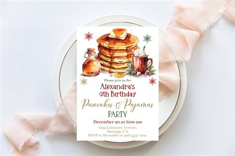 Editable Pancakes And Pajamas Christmas Birthday Invitation Template