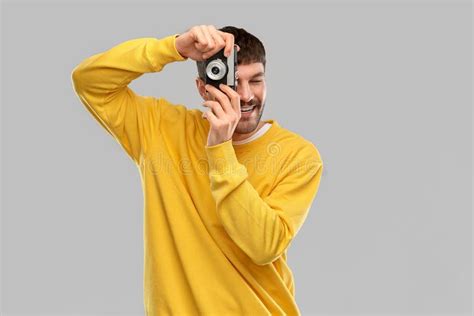 Happy Smiling Young Man With Vintage Film Camera Stock Photo Image Of