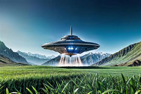 premium ai image  flying alien spaceship lands   green field