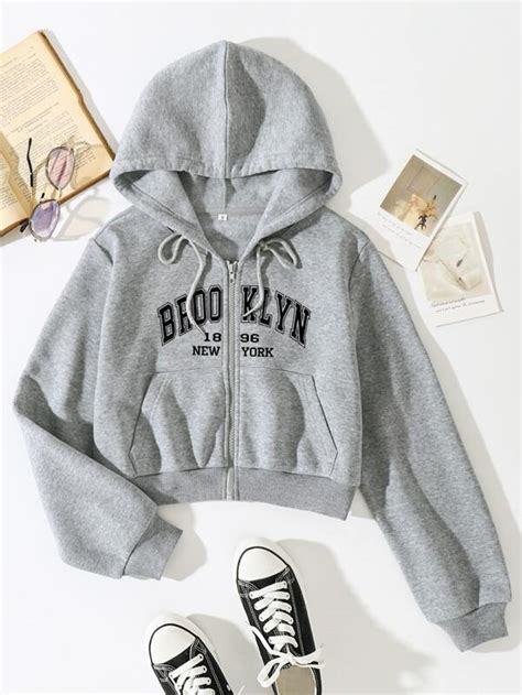 Letter Graphic Zip Up Thermal Lined Drawstring Hoodie Shein Usa