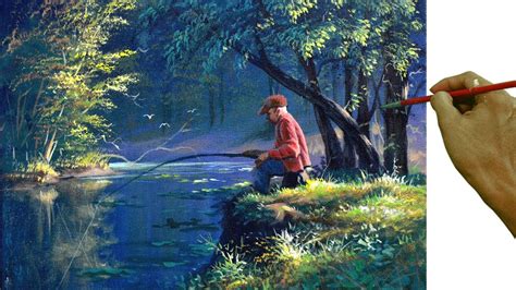 Acrylic Landscape Painting Tutorial / Old Man Fishing on the River in ...